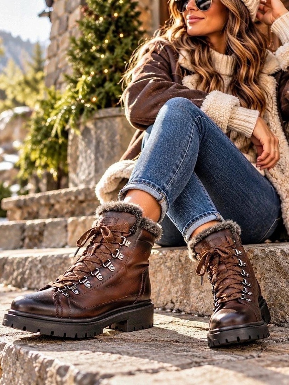 Santoni Fur Lined Made in Italy Premium Leather Hiking Boots. Size 5.5